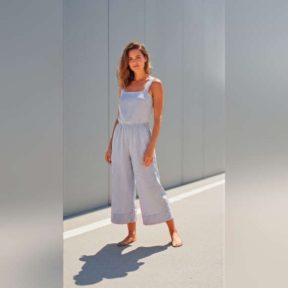 Speechless Pants - NEW Speechless Wide Leg Navy & White Striped Cropped Romper Jumper